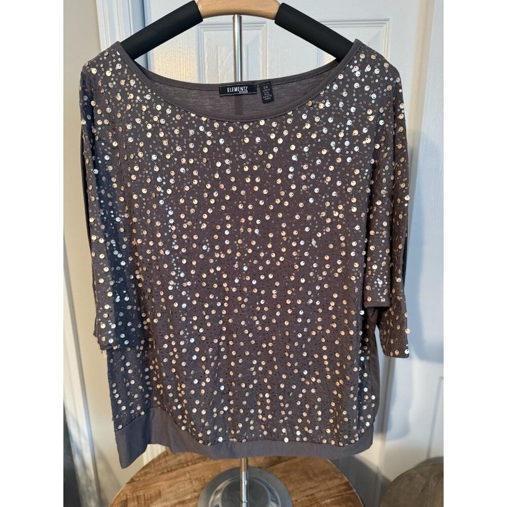 ELEMENTZ Women’s Gray Sequence Top Size 2X